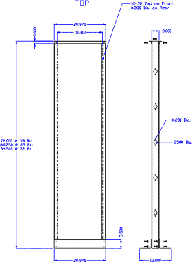 Click here to view larger technical drawings of our Open Bay 23" Relay Racks of Aluminum Alloy